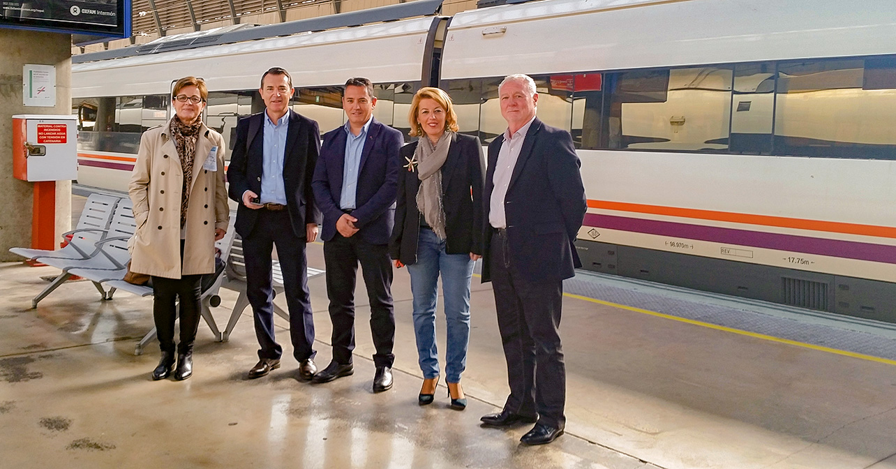 Representantes del PSOE de Almería participando en el viaje en tren a Sevilla convocado por la Mesa del Ferrocarril para exigir mejoras en las comunicaciones ferroviarias