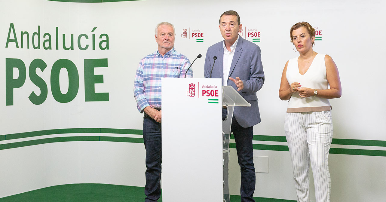 El senador del PSOE de Almería, Juan Carlos Pérez Navas (centro), junto a los diputados nacionales, Juan Jiménez y Sonia Ferrer Tesoro