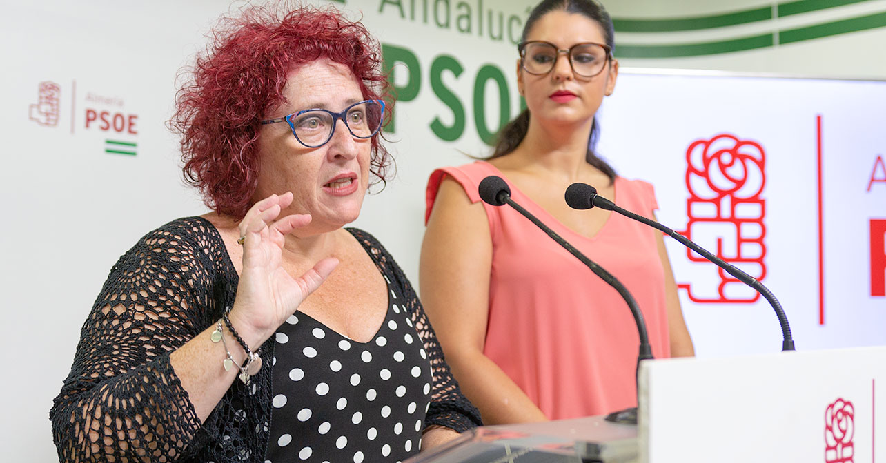 Rueda de prensa que han ofrecido la secretaria de Políticas contra la Violencia hacia las Mujeres del PSOE de Almería, Aurelia Jiménez, y la diputada autonómica Noemí Cruz