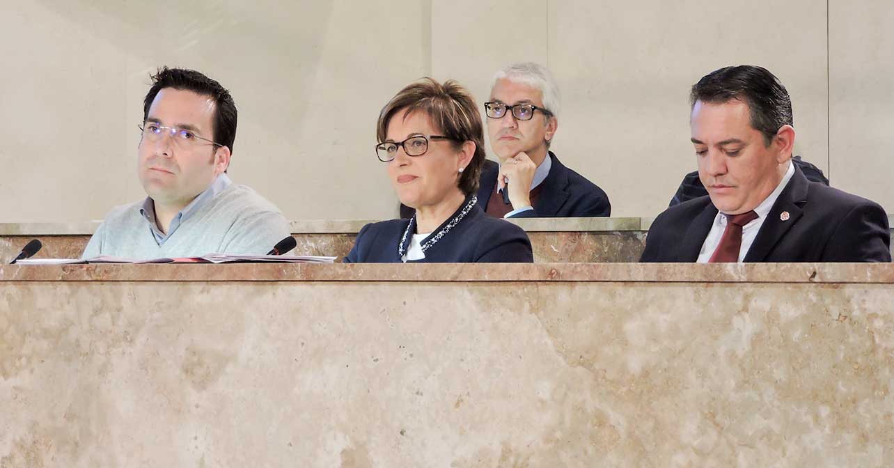 La portavoz del PSOE en el Ayuntamiento de Almería, Adriana Valverde, junto a los concejales, Pedro Díaz (izq.), Indalecio Gutiérrez (der.) y Manuel Vallejo (fondo)