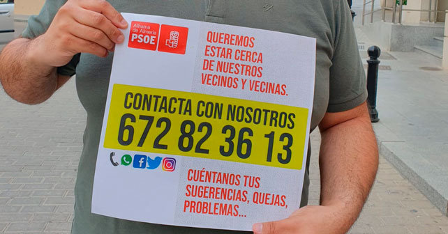 Teléfono del PSOE de Alhama de Almería al que los vecinos y vecinas pueden contactarnos 672823613